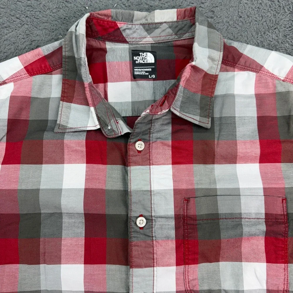 The North Face Button Down Shirt Mens Large Red Grey Plaid Short Sleeve Outdoor‎
